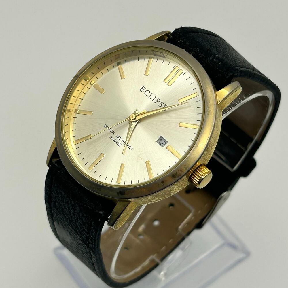 Eclipse Gold-tone Black Leather Men’s Minimalist Watch Working New Battery